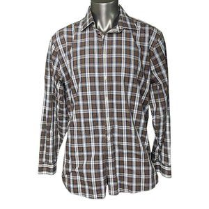 Mens Button Down Dress Shirt Stafford Plaid Brown Blue White Travel Size 36 u